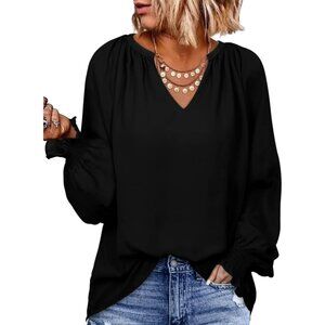 Women Black Stylish, Elegant Smocked Long Sleeve V Neck Casual Chiffon Shirt Top